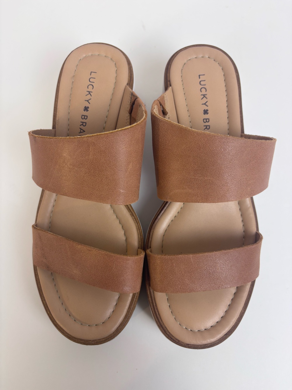 Lucky Brand Leather Platform Slide Sandals Double Strap Wedge Shoes Brown Size 7 - Picture 5 of 16